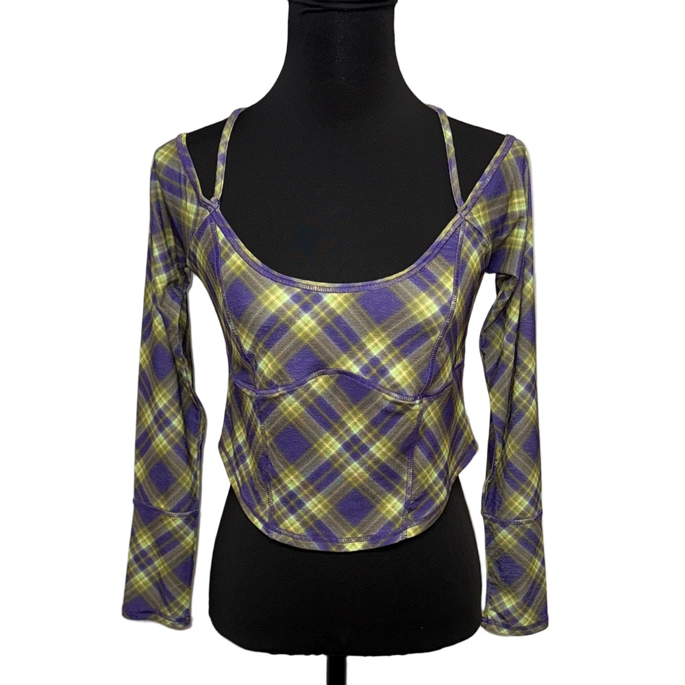 Urban Outfitters Plaid Mesh Long Sleeve Crop Top Purple Green Size L NWT